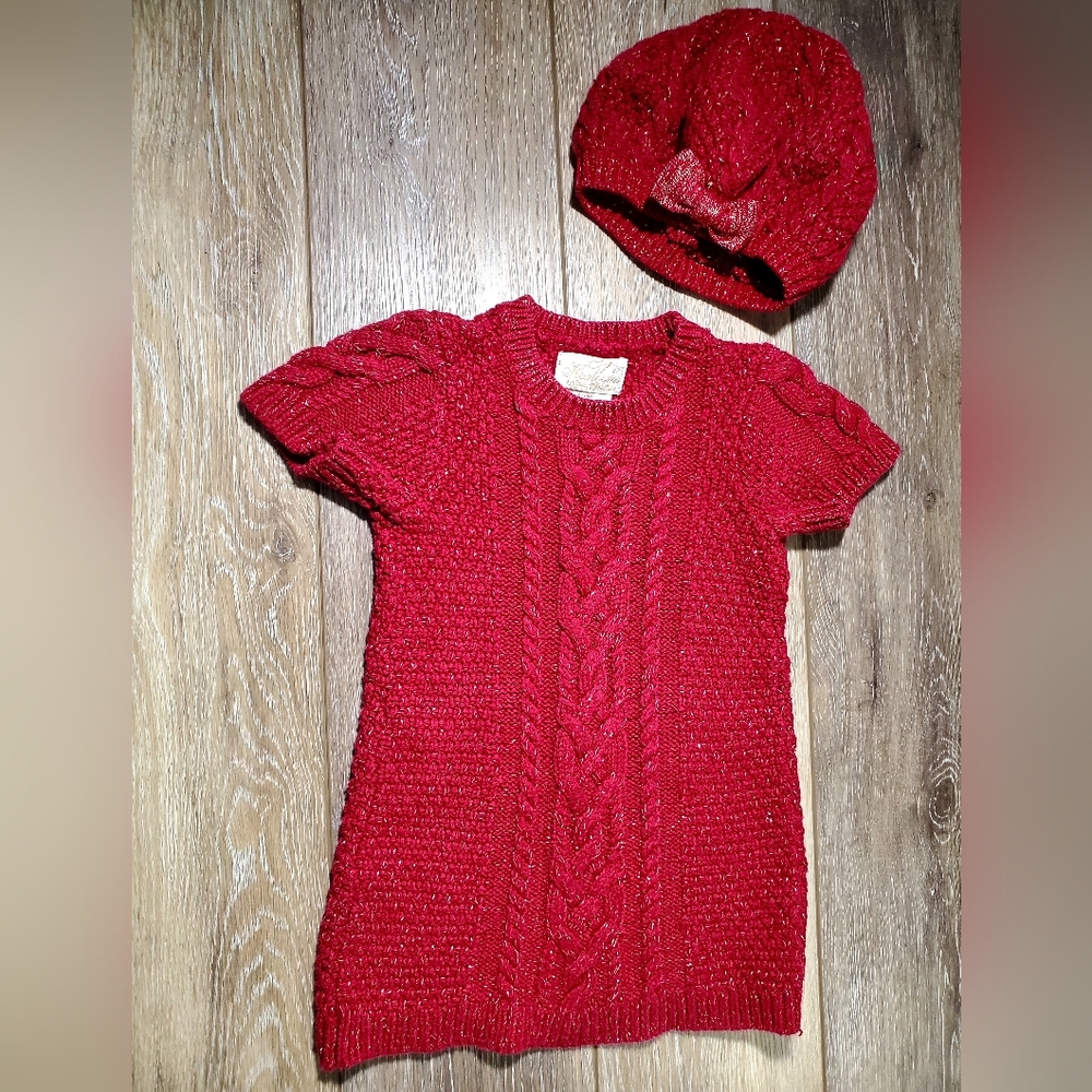Dark red, gold capped sleeve toddler sweater dress and hat set Size 18 Months